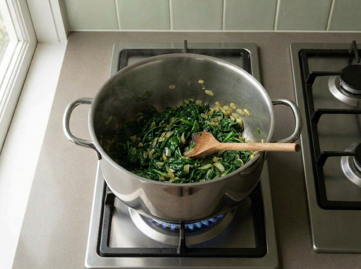 Spinach wilted down with the onion and cooked until the bottom of the pot is dry