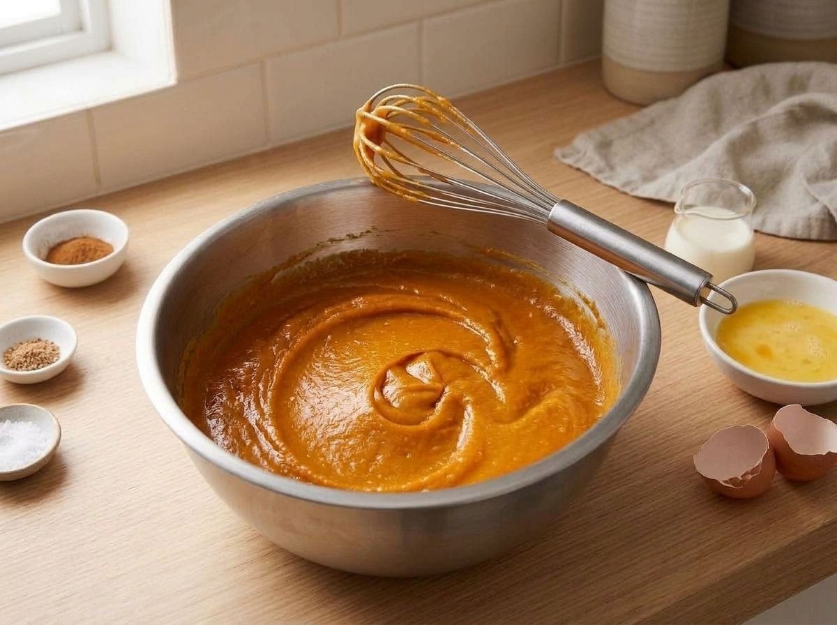 Beaten egg stirred into the sweet potato filling until glossy and uniform