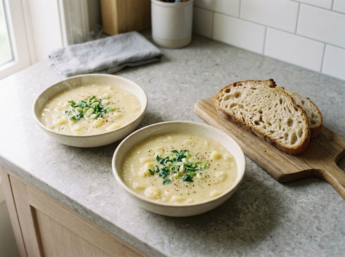 Two bowls of finished vegan potato soup topped with green onion, parsley and black pepper, with crusty sourdough beside them