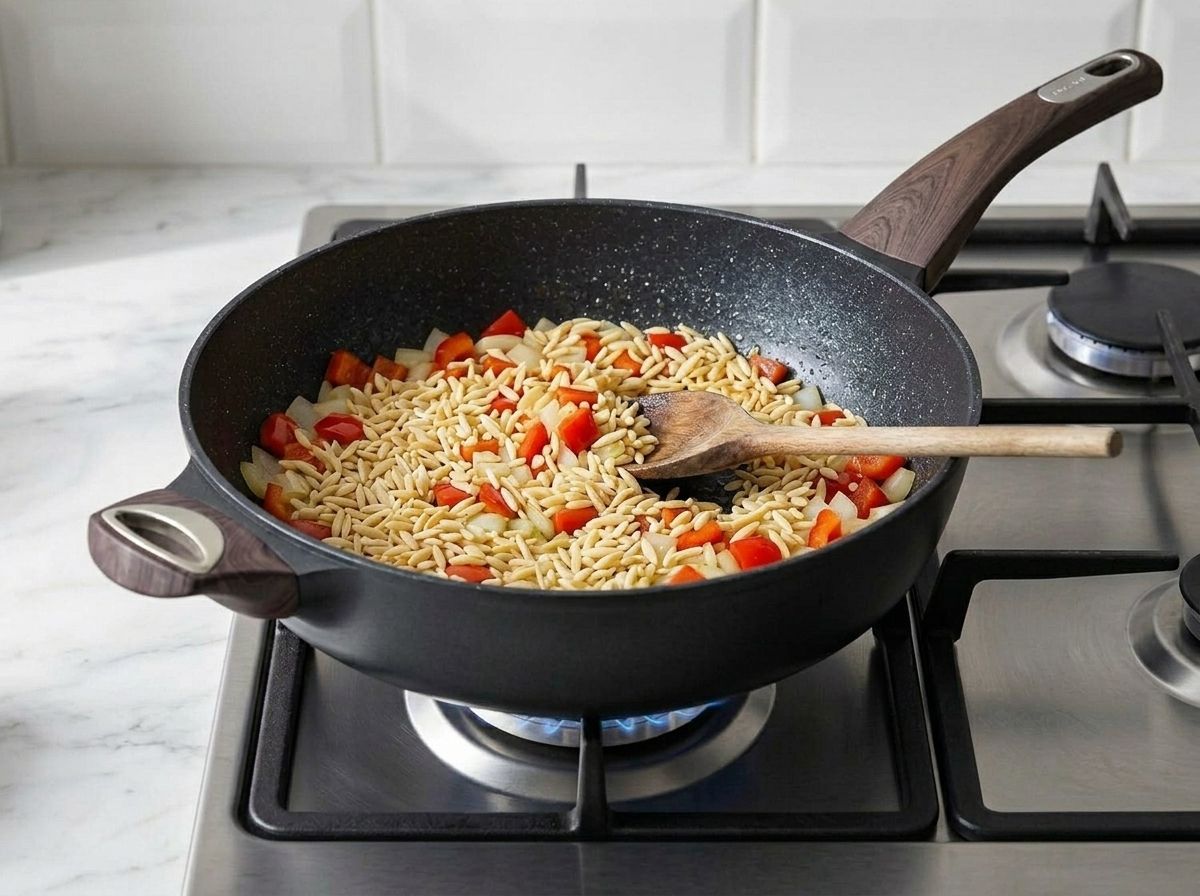 Dry orzo stirred through the softened onion and pepper, toasting in the dry pan.