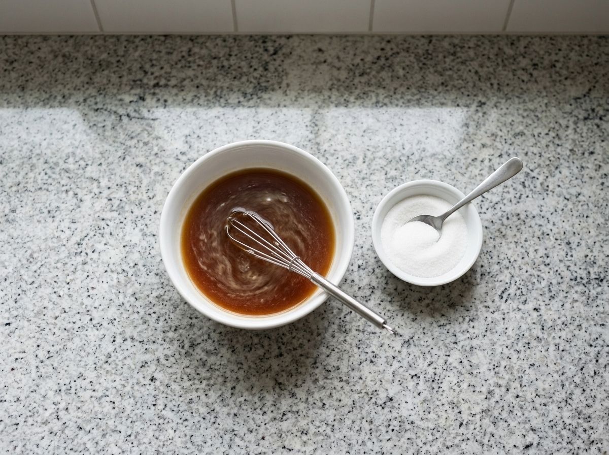 Stir fry sauce whisked together cold in a small white bowl, thin and cloudy with cornstarch