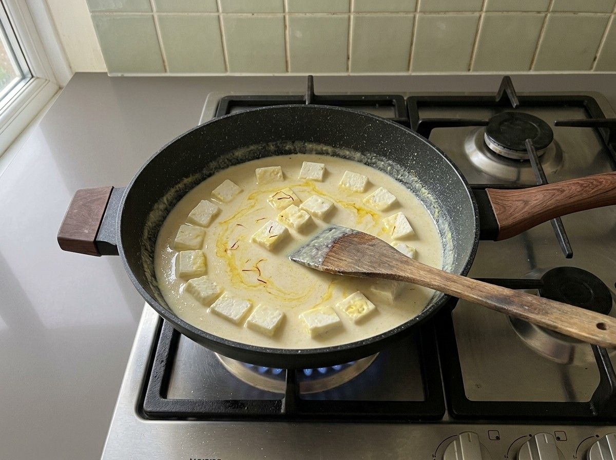 Soft paneer cubes folded into the creamy pale shahi paneer gravy in the skillet