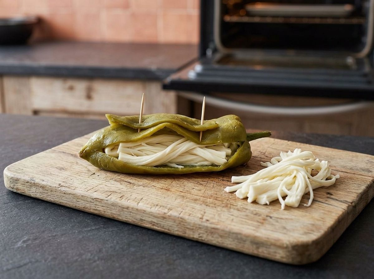 A peeled poblano stuffed with white pulled cheese and pinned shut with toothpicks
