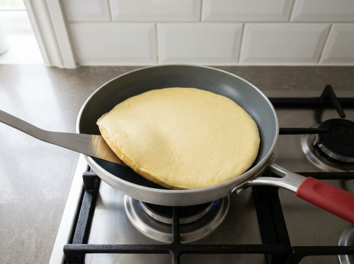 A thick sheet of egg setting slowly in the non-stick skillet, one edge lifted with a spatula ready to flip.