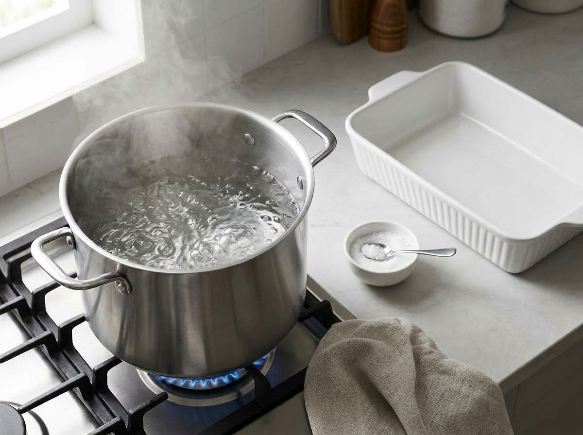 A stockpot of salted water coming to a rolling boil on a gas burner, with a lightly oiled white baking dish beside it