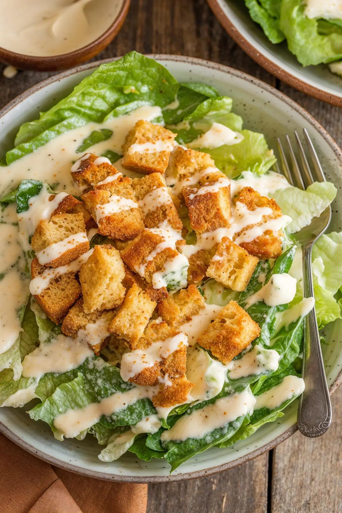 A fresh Vegan Caesar Salad with romaine lettuce, croutons, and creamy dressing on a wooden table.