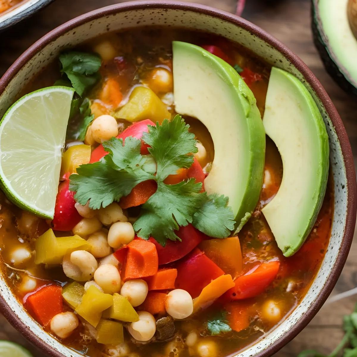 A bowl of vegan pozole with hominy, bell peppers, and carrots, garnished with cilantro and lime, on a wooden table.