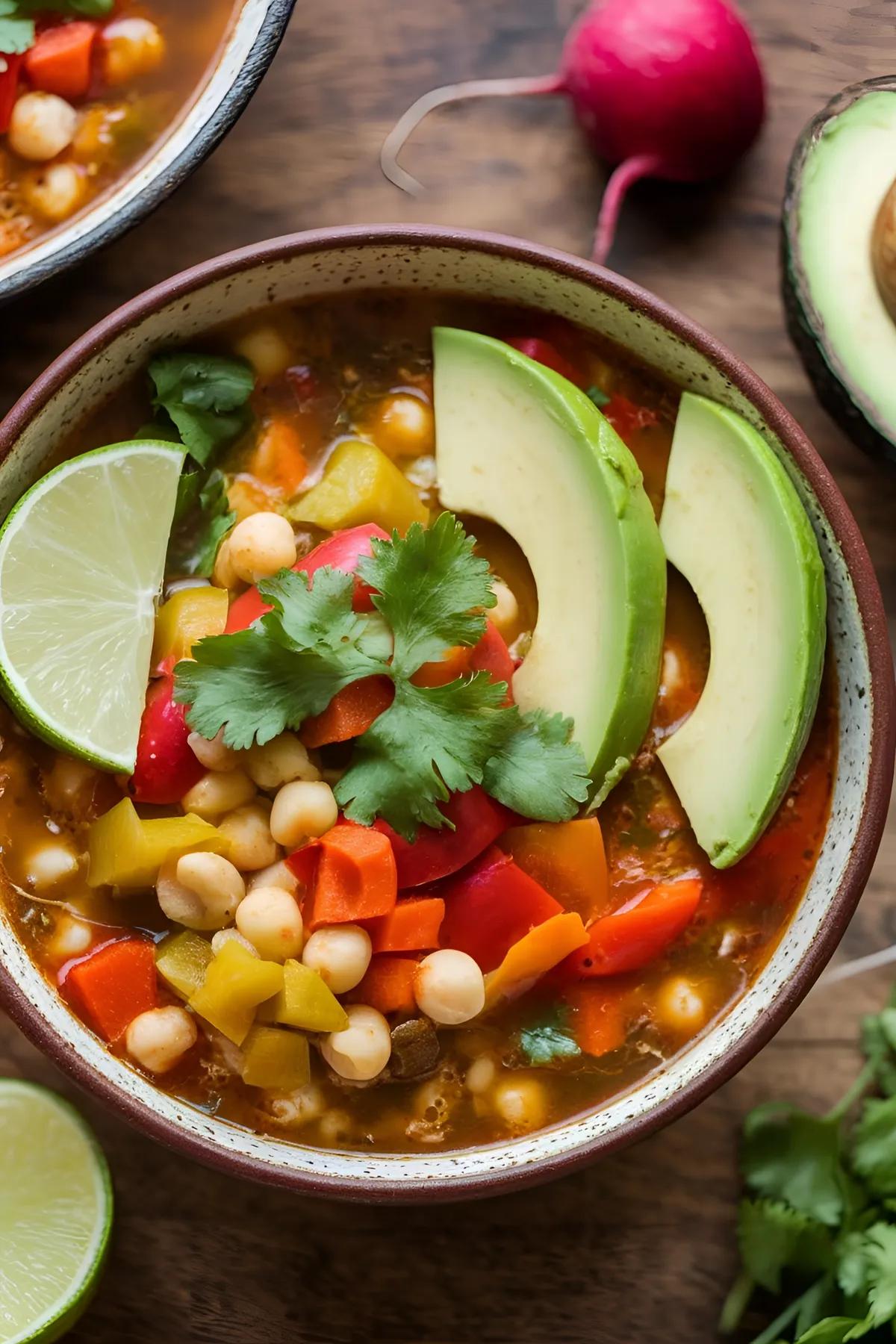 A bowl of vegan pozole with hominy, bell peppers, and carrots, garnished with cilantro and lime, on a wooden table.