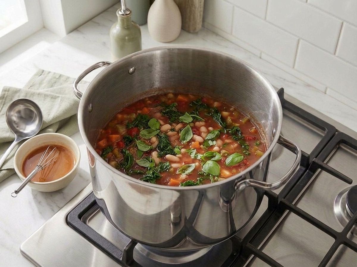Miso whisked into a ladleful of broth and torn basil added with the heat switched off