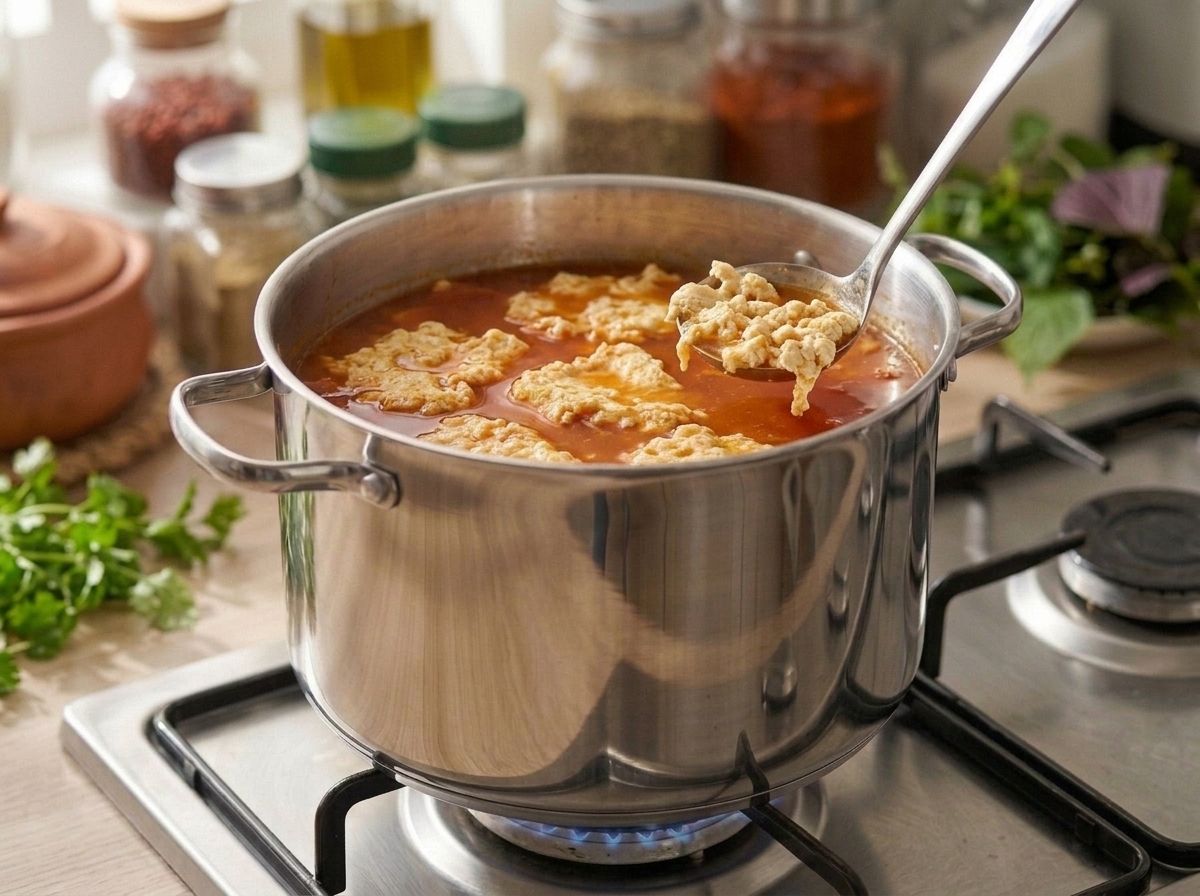 Ragged pale golden curds set and floating on the barely simmering orange-red broth.