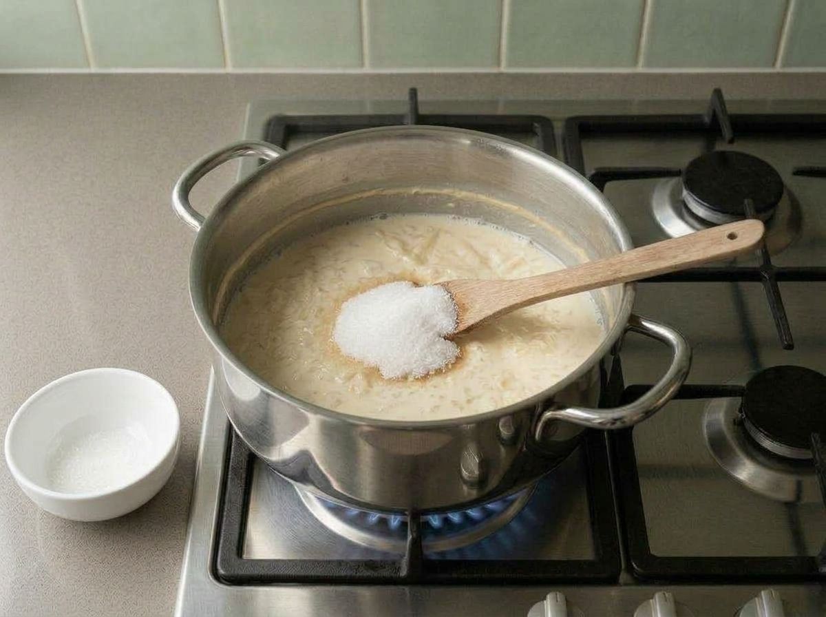 Sugar tipped into the reduced kheer, just beginning to dissolve