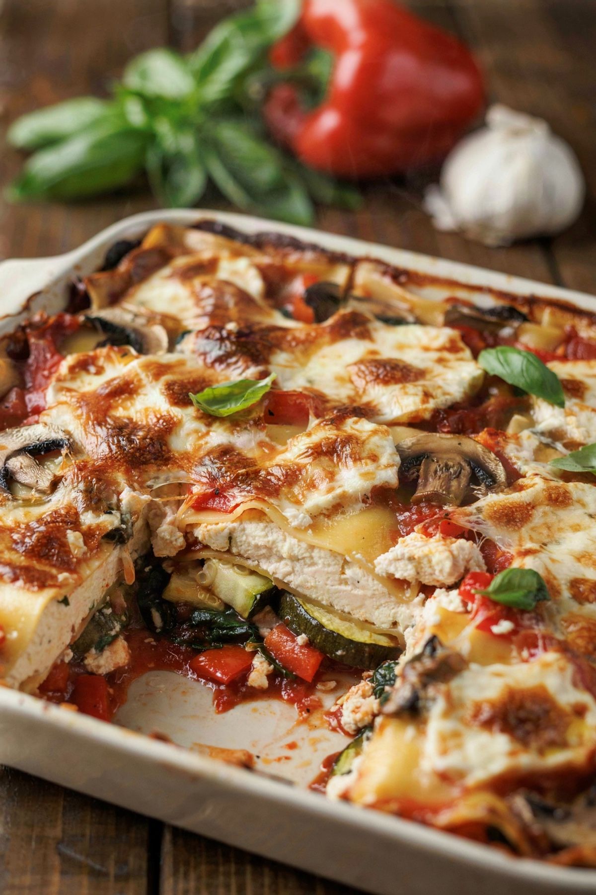 Vegan vegetable lasagna bubbling in a white dish with one portion lifted out, layers of pasta, tofu ricotta, mushrooms, zucchini and spinach under a golden melted plant-based cheese top