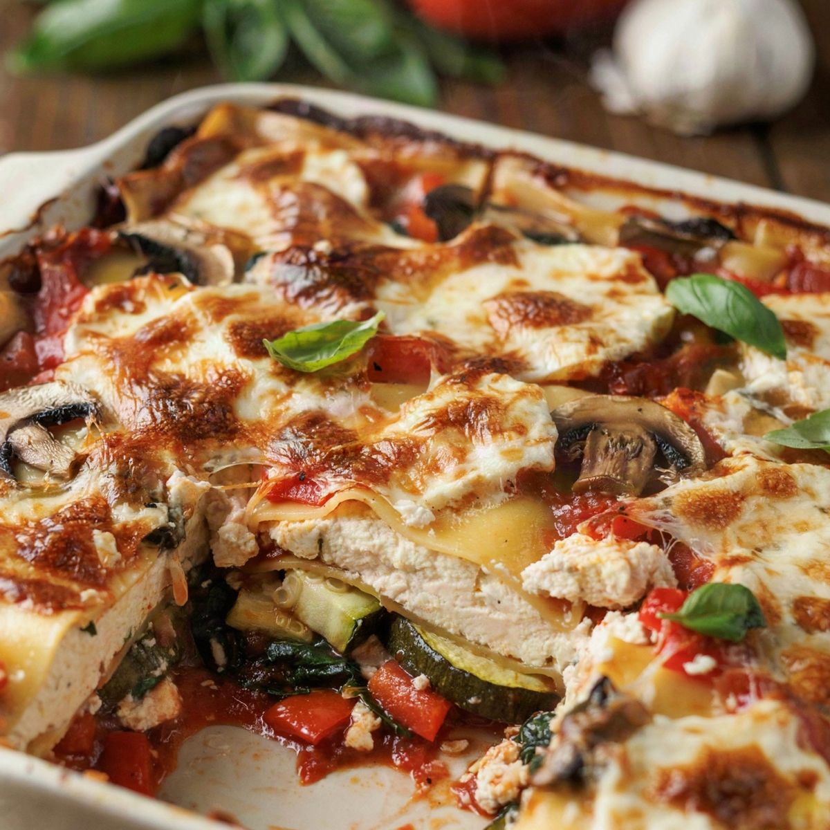 Vegan vegetable lasagna bubbling in a white dish with one portion lifted out, layers of pasta, tofu ricotta, mushrooms, zucchini and spinach under a golden melted plant-based cheese top