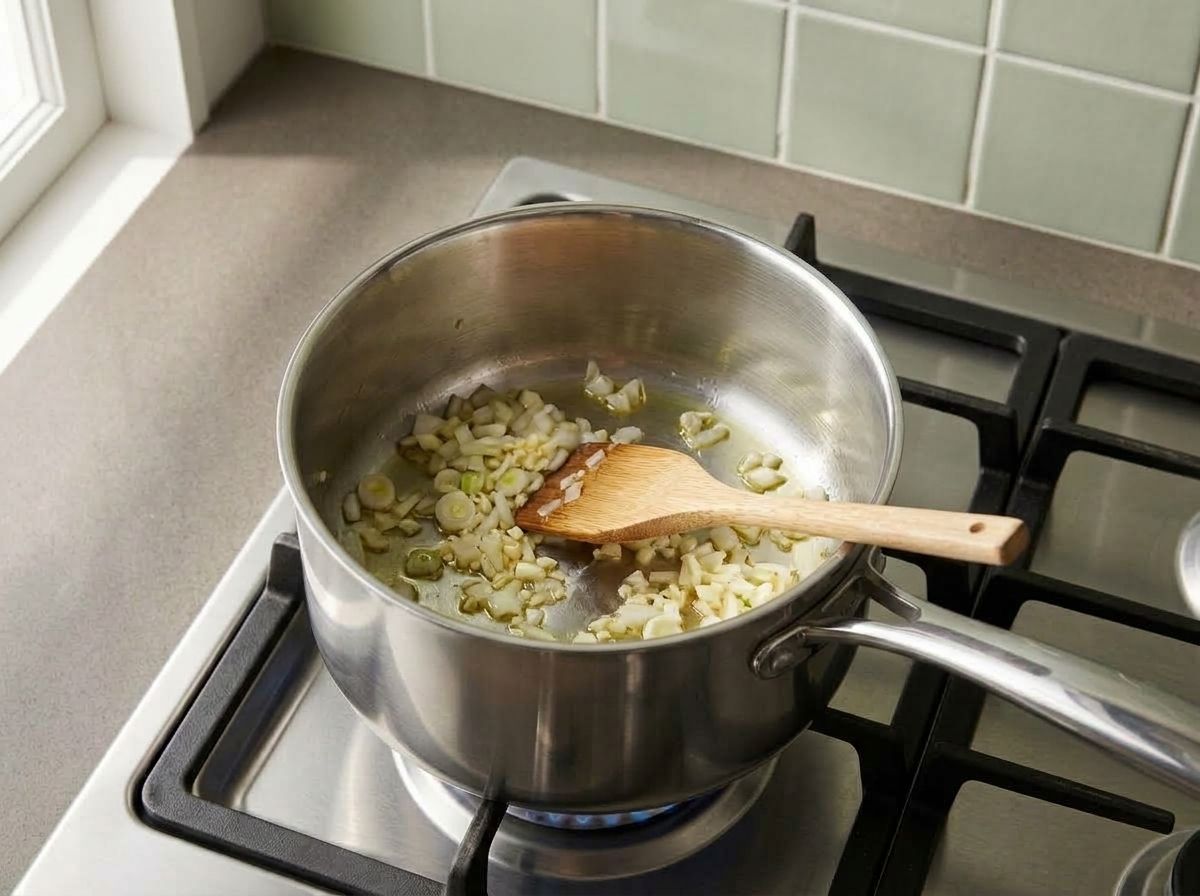 Onion, scallion whites and garlic softening in oil in a saucepan over a low flame, translucent but not browned