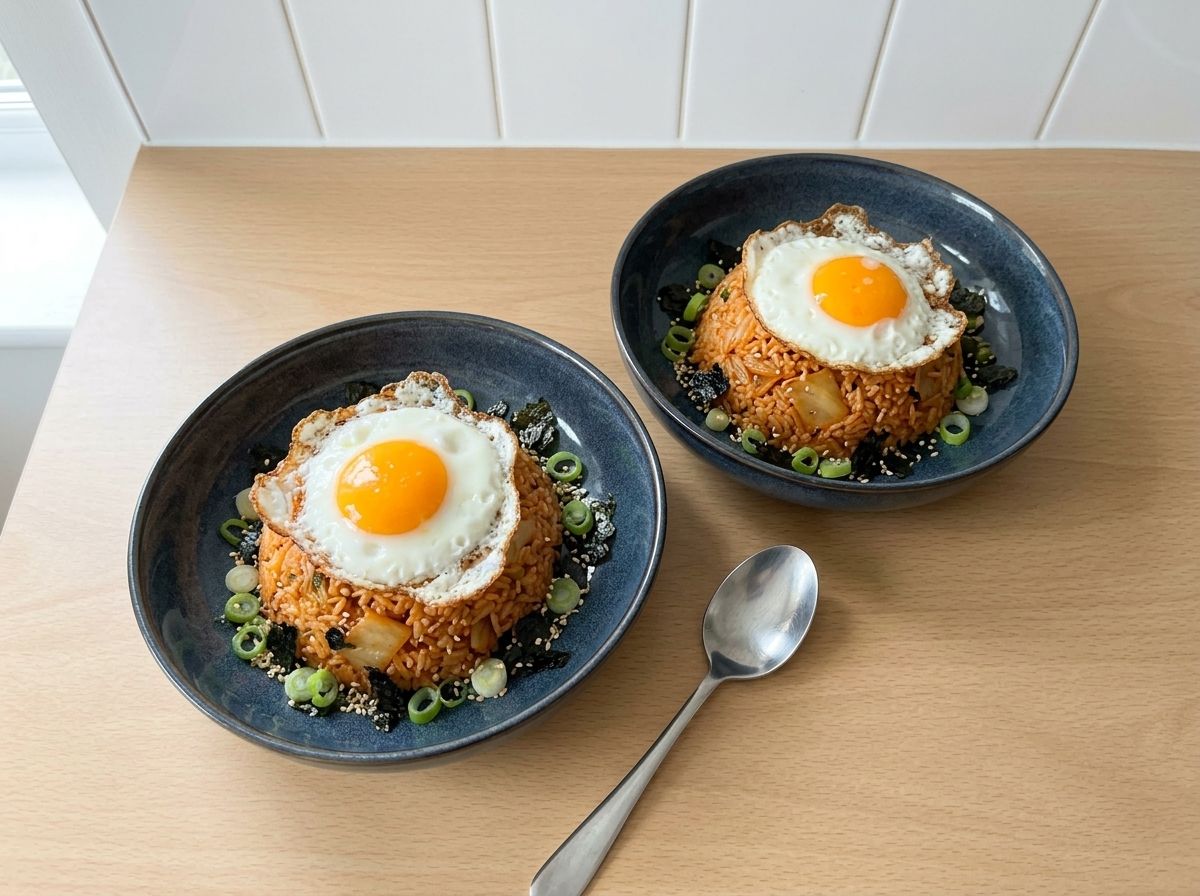Kimchi fried rice served in two bowls, each topped with a fried egg, scallion greens, sesame seeds and crumbled seaweed.