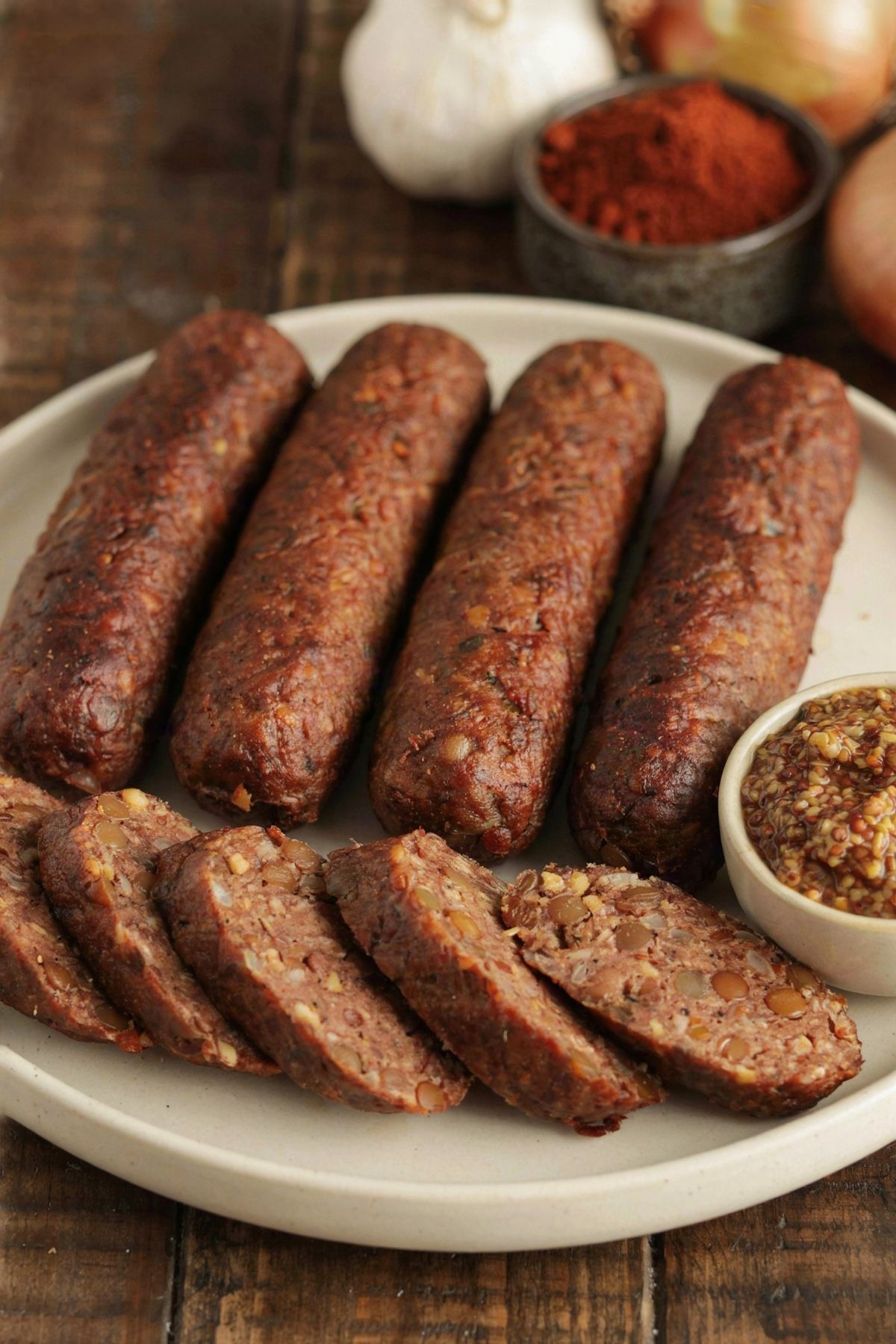 Smoky lentil sausage links on a cream plate, four whole with a deep mahogany crust and one sliced into coins showing the coarse brick-brown interior, with grainy mustard