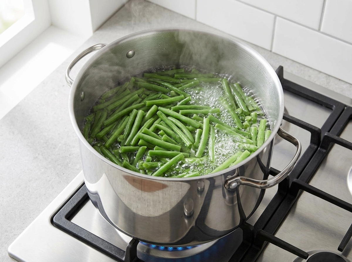 Green beans blanching in a pot of boiling water on the stovetop.