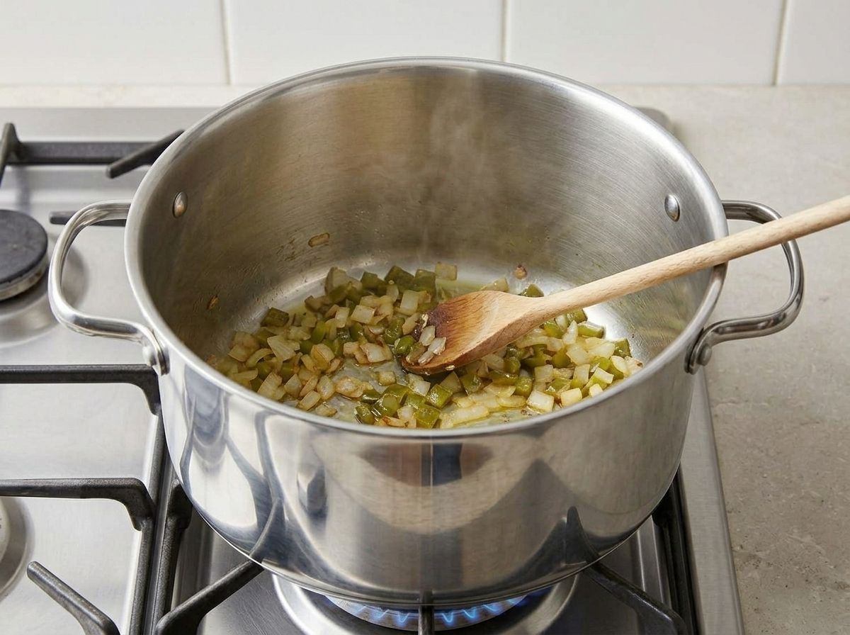 Finely diced onion and green bell pepper softening in olive oil in a large steel pot over a gas flame