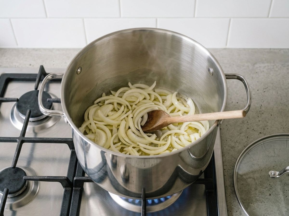 Raw sliced onions and melted butter in the base of a large stockpot, before any browning