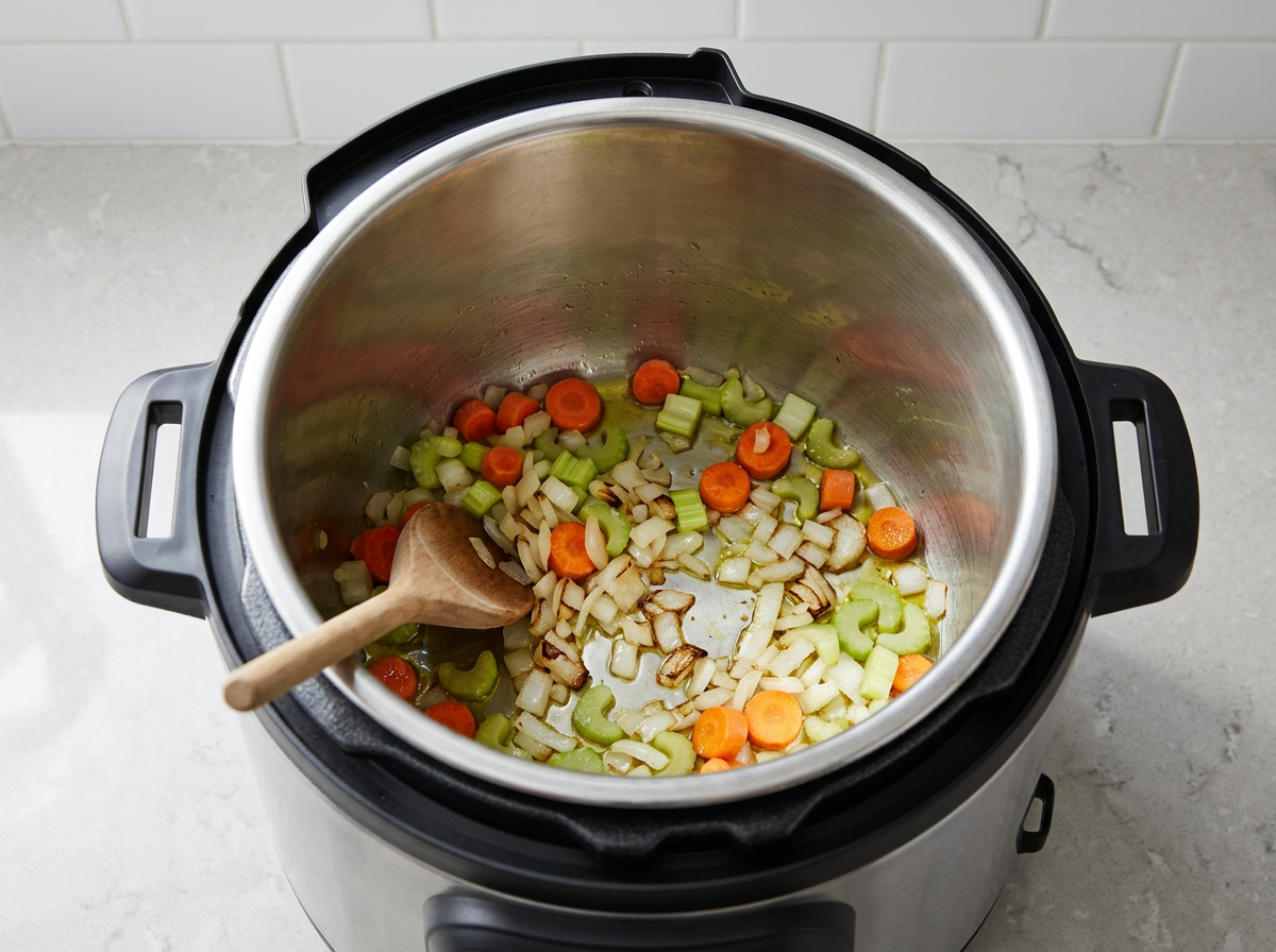 Chopped onion, celery and carrot softening in oil in the bottom of an Instant Pot, onion turning golden at the edges