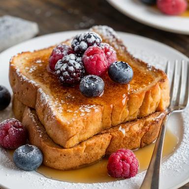 Golden-brown vegan French toast topped with fresh berries and a drizzle of maple syrup.