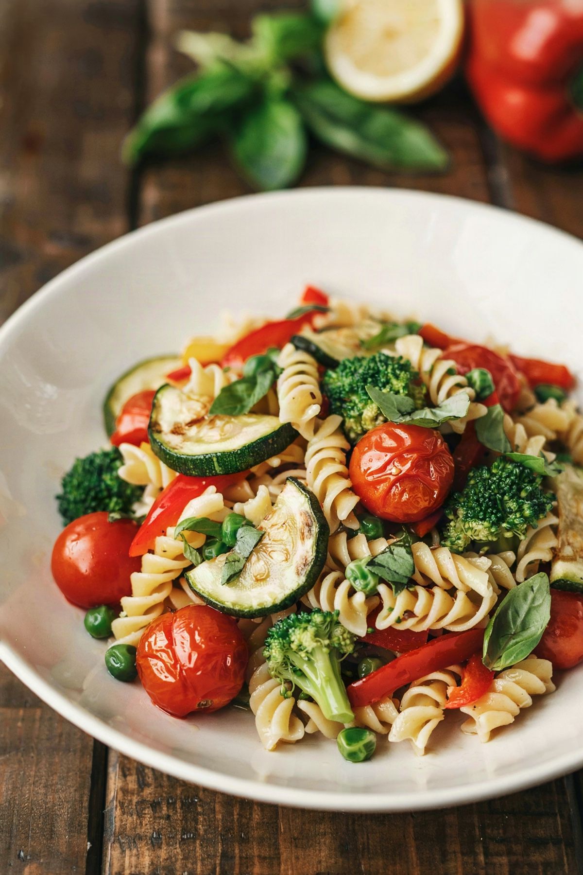 Vegan primavera pasta in a white bowl: fusilli with red bell pepper, zucchini, blistered cherry tomatoes, broccoli and peas, finished with torn basil