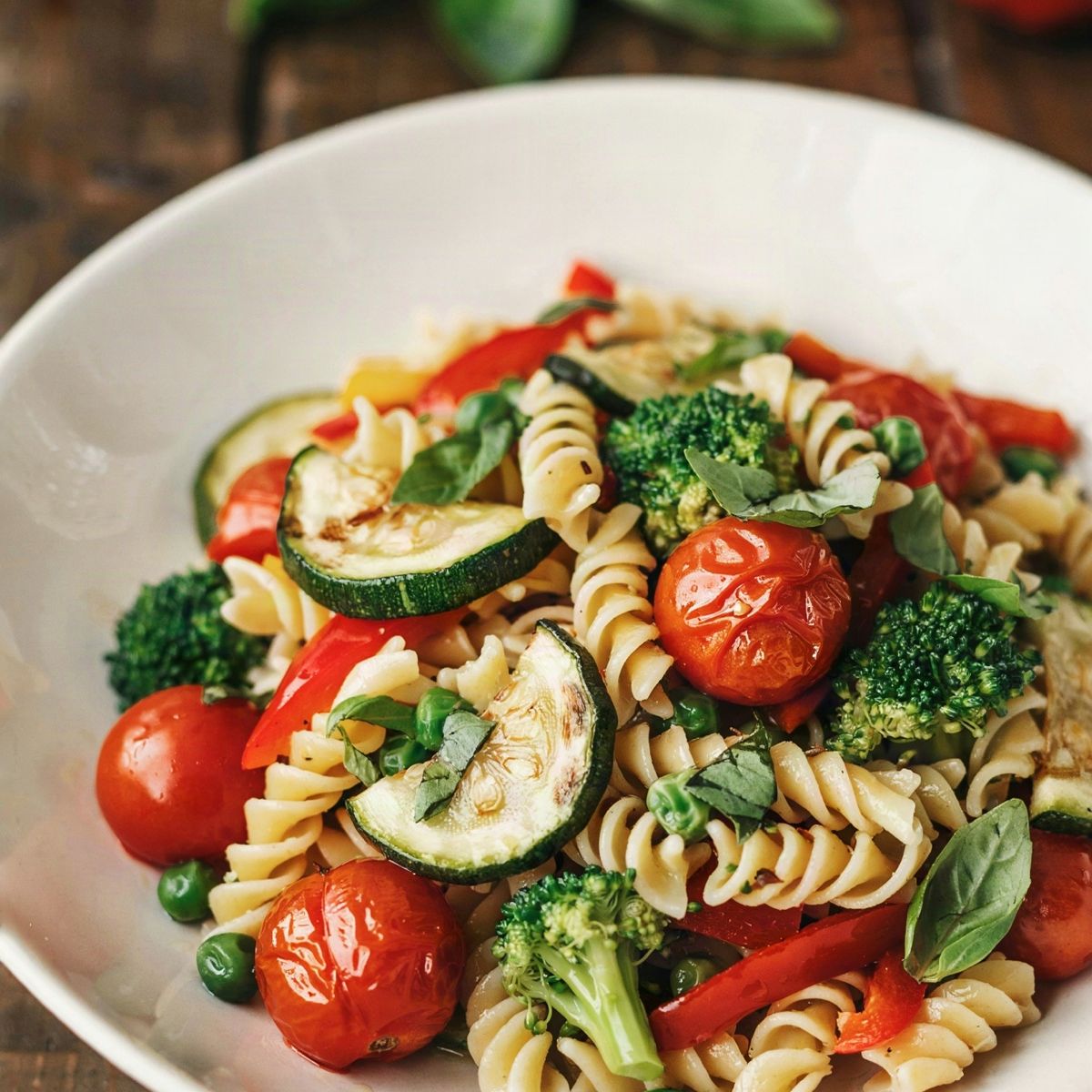 Vegan primavera pasta in a white bowl: fusilli with red bell pepper, zucchini, blistered cherry tomatoes, broccoli and peas, finished with torn basil