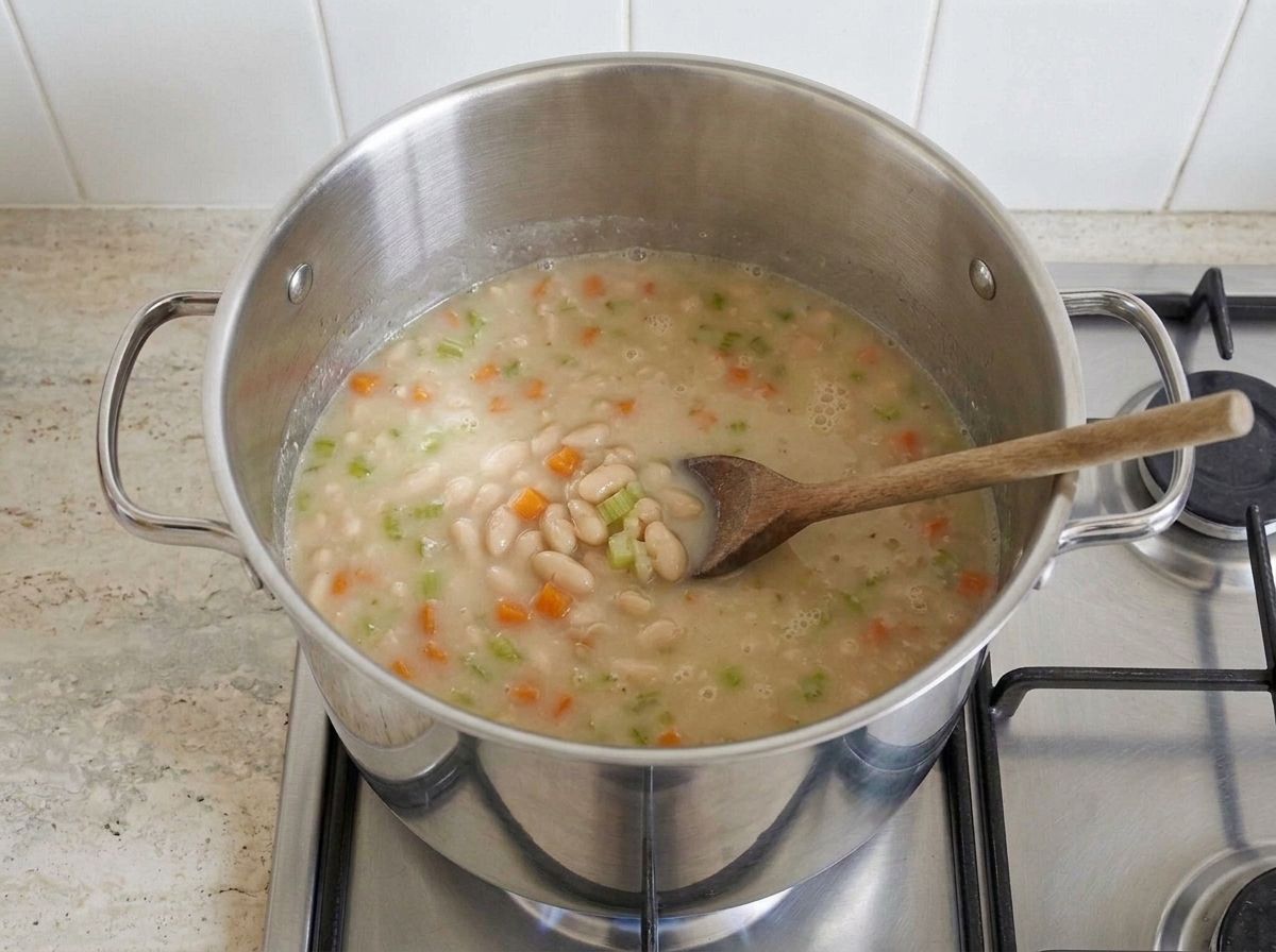 The soup simmering gently in the pot, thick and creamy pale ivory from the crushed beans, with whole beans, carrot and celery suspended in it.