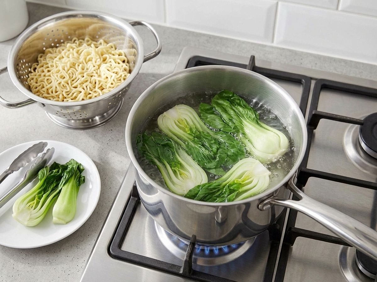 Baby bok choy blanching cut side down in a saucepan, with drained ramen noodles waiting alongside