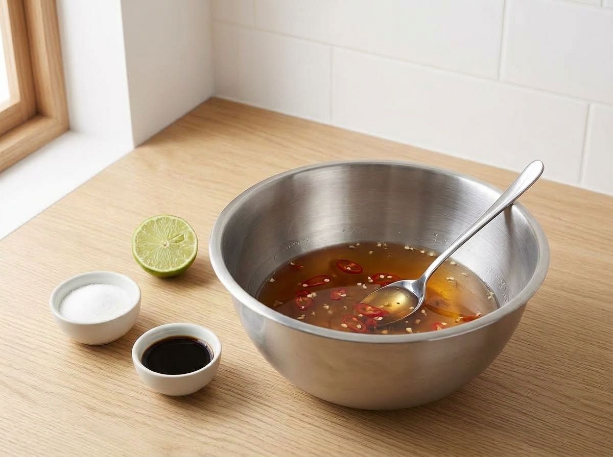 A small bowl of clear amber soy and lime dipping sauce with red chili slices and minced garlic, beside a squeezed lime half
