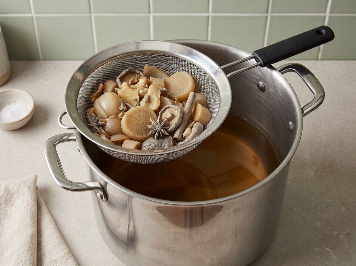Spent aromatics heaped in a fine mesh strainer over a stockpot of clear amber pho broth