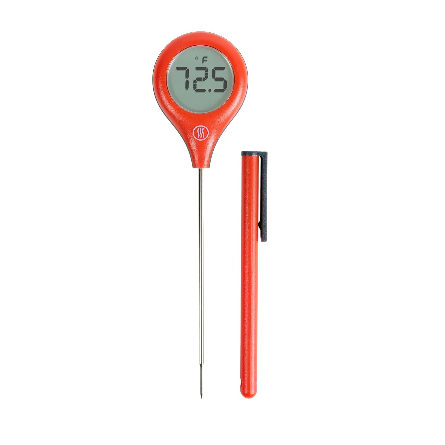 Red ThermoWorks ThermoPop 2 thermometer with a round digital display and a thin stainless probe, beside its clip-on cover