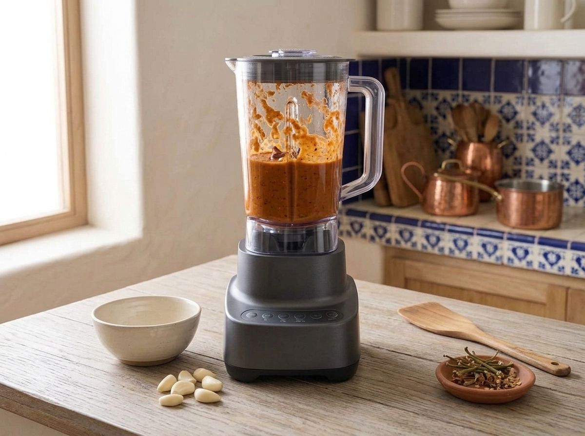 Soaked chiles and garlic blended to a thick brick-orange puree in a blender jug