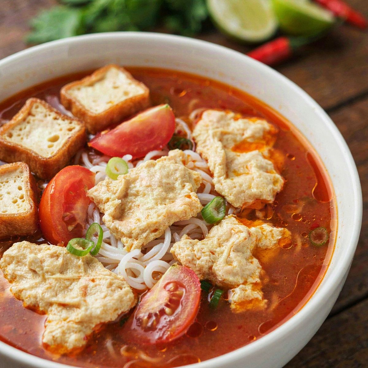 A bowl of vegetarian bun rieu, orange-red tomato broth with ragged golden curds, rice vermicelli, tomato wedges and fried tofu puffs, with fresh herbs and lime alongside.
