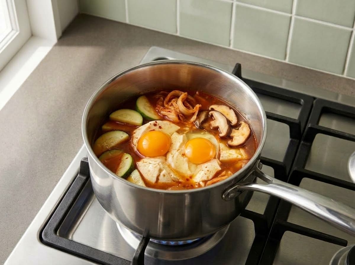 Two raw eggs cracked into hollows in the tofu, the whites just starting to set around whole yolks