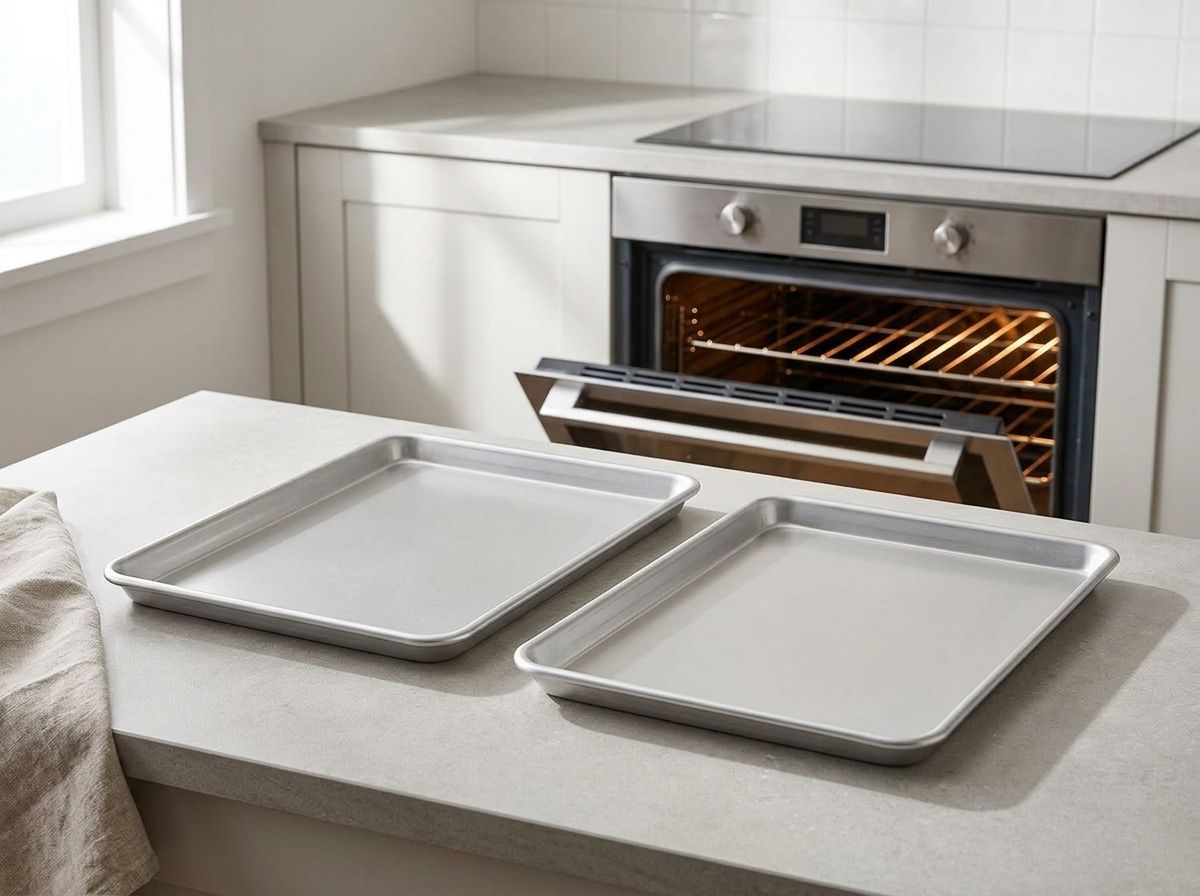 Two empty rimmed aluminum baking sheets ready on the counter while the oven preheats with racks in the upper and lower thirds