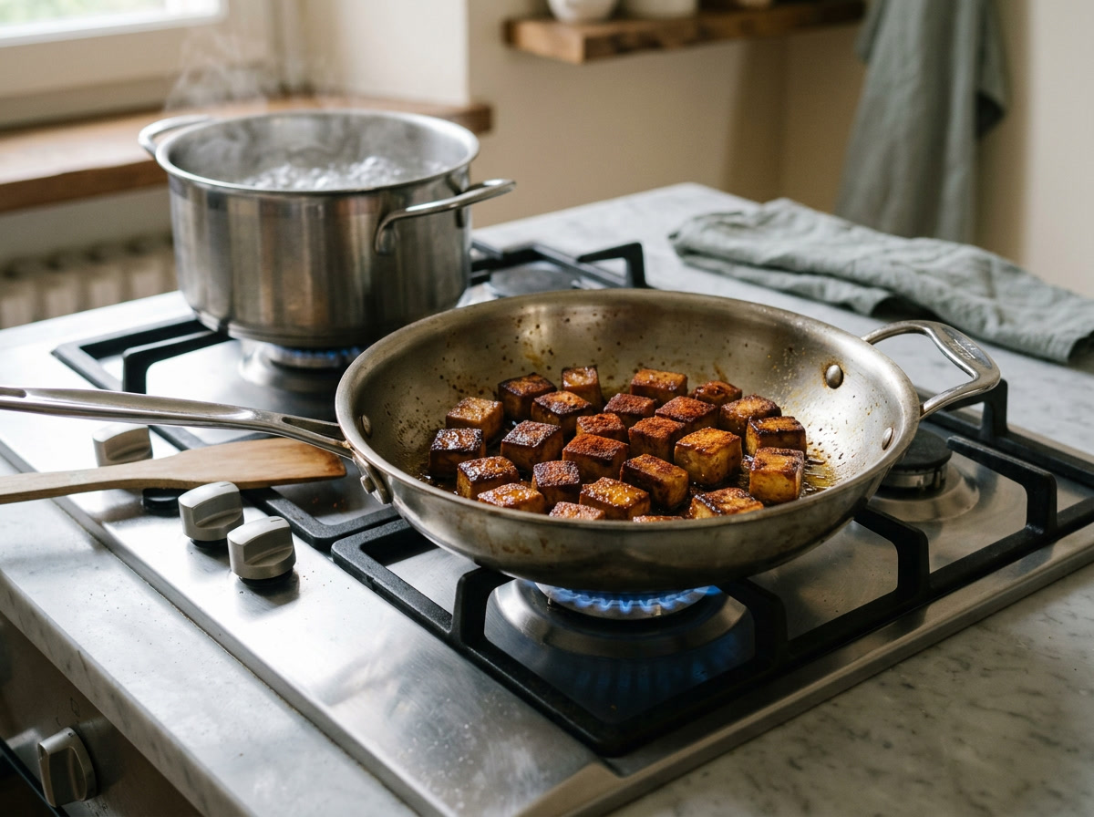 Cubes of smoked tofu browning to deep bronze in a stainless steel skillet, dusted with smoked paprika