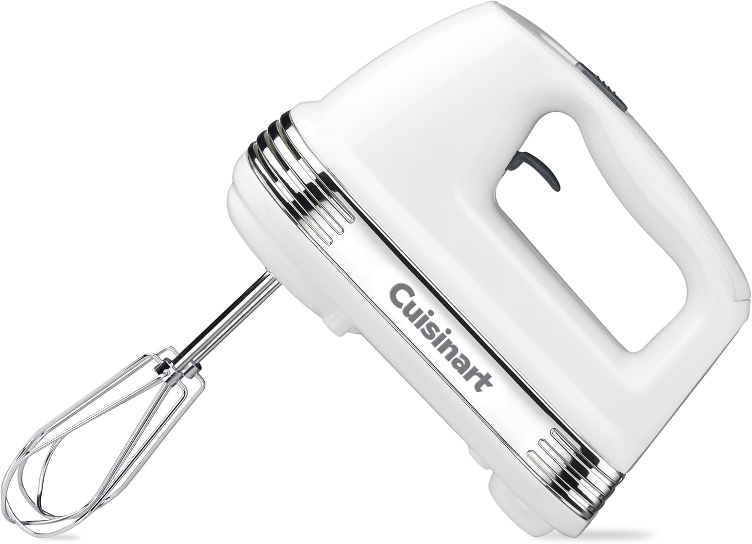 White Cuisinart hand mixer with a single chrome beater fitted