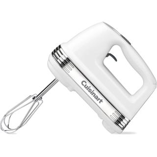 White Cuisinart hand mixer with a single chrome beater fitted