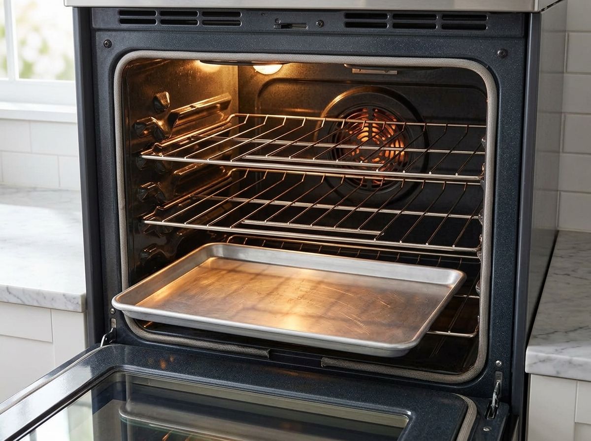 An empty rimmed aluminum baking sheet preheating on the lowest rack of a hot oven