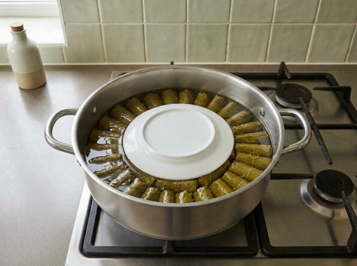 Olive oil, lemon juice and water just covering the rolls, with an upside-down plate holding them down