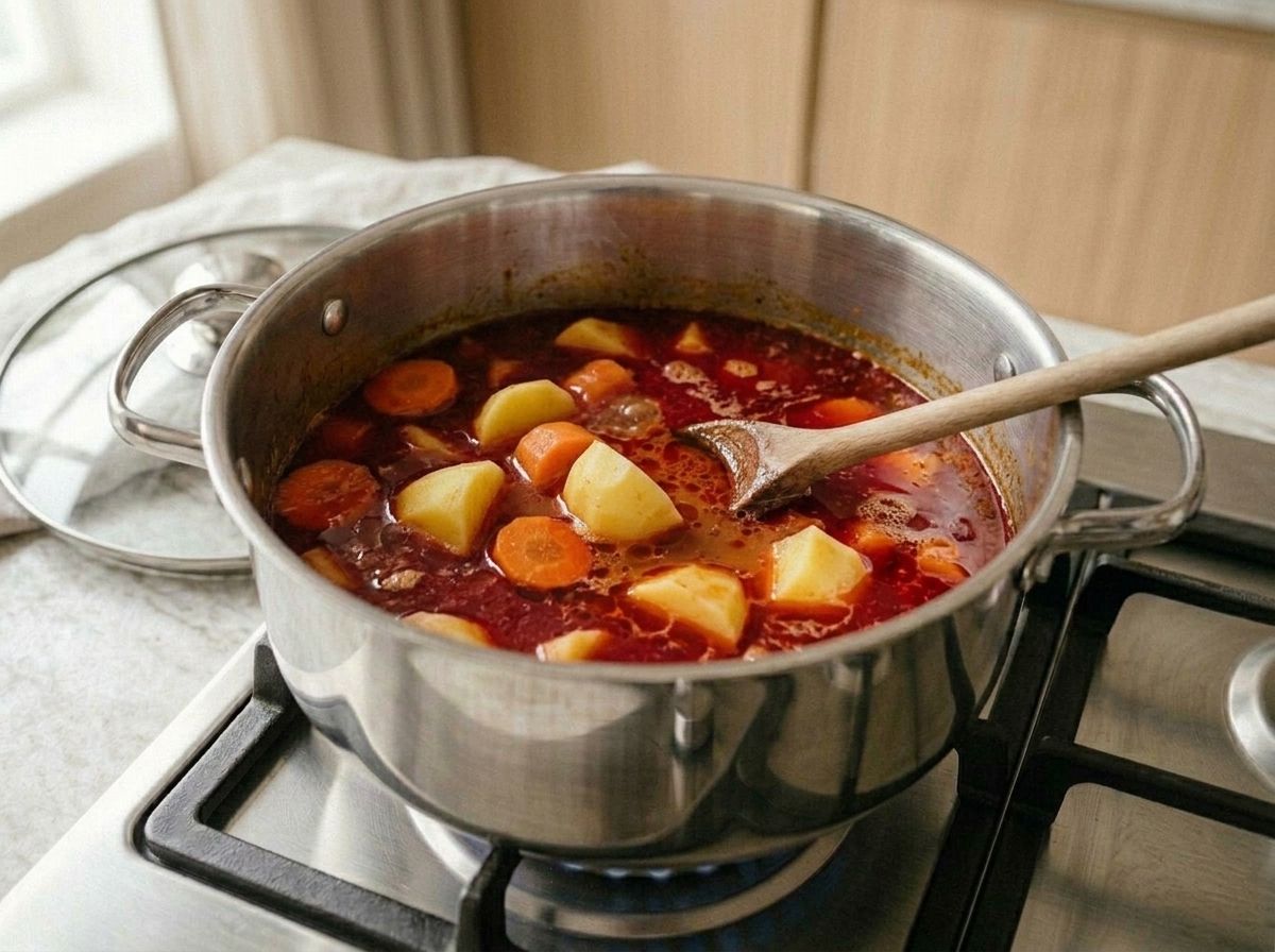 Potato chunks and carrot coins simmering in the loosened deep red vindaloo sauce