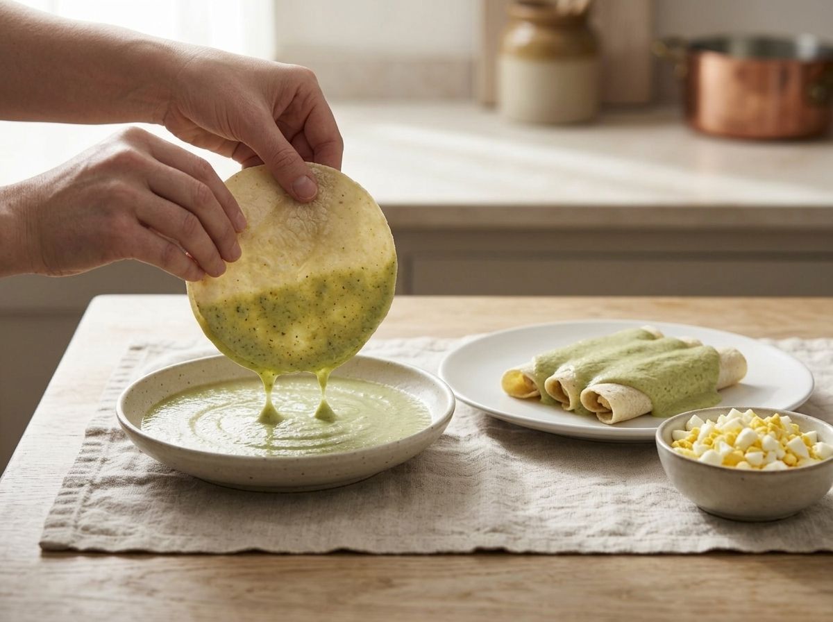 A corn tortilla dipped whole in green pumpkin seed sauce, with finished rolls on a plate
