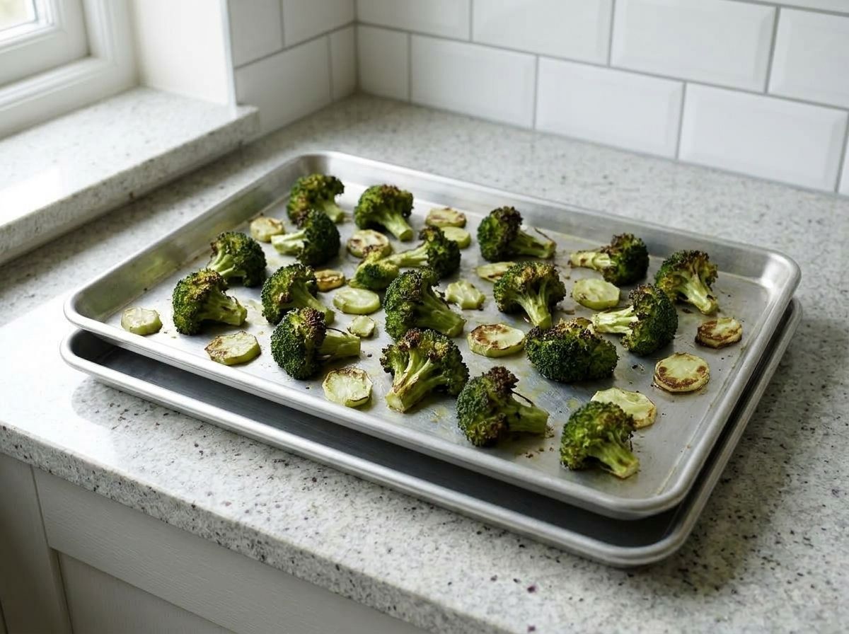 Roasted broccoli florets spread on a baking sheet, deeply browned at the tips and still firm.