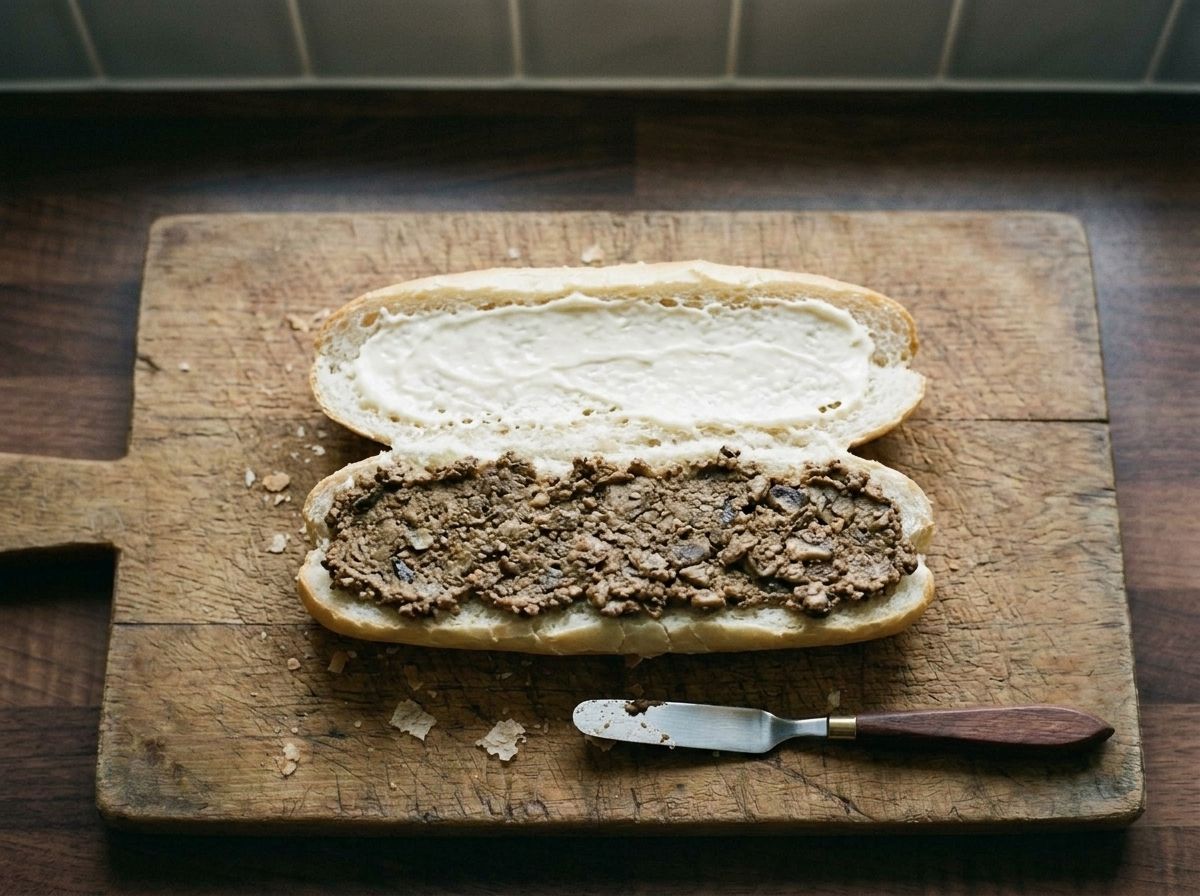 An opened banh mi roll spread with mayonnaise on the top half and a thick layer of dark mushroom pate on the bottom.