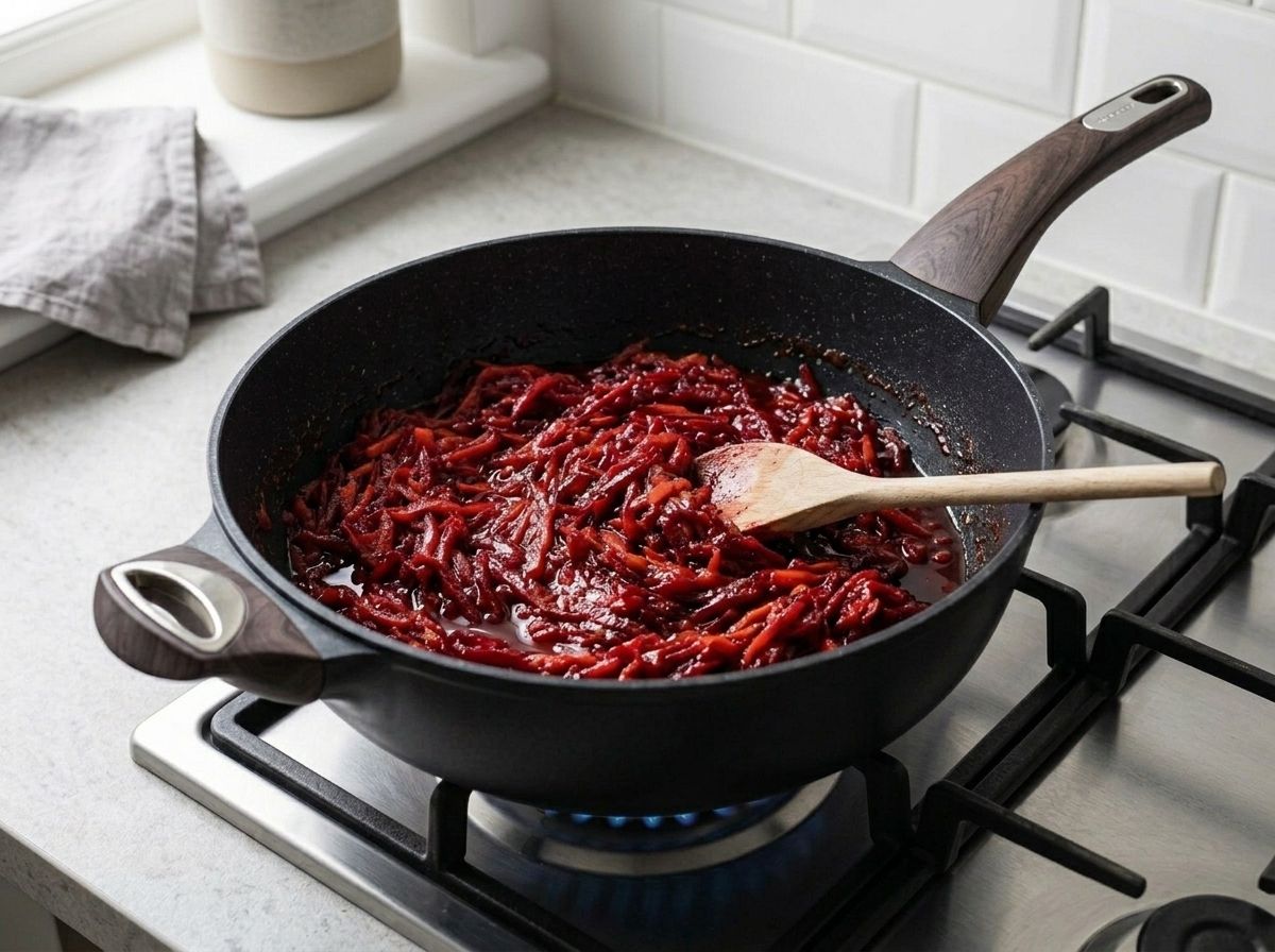 Grated beets stewed with tomato paste and vinegar in the skillet until deep glossy crimson