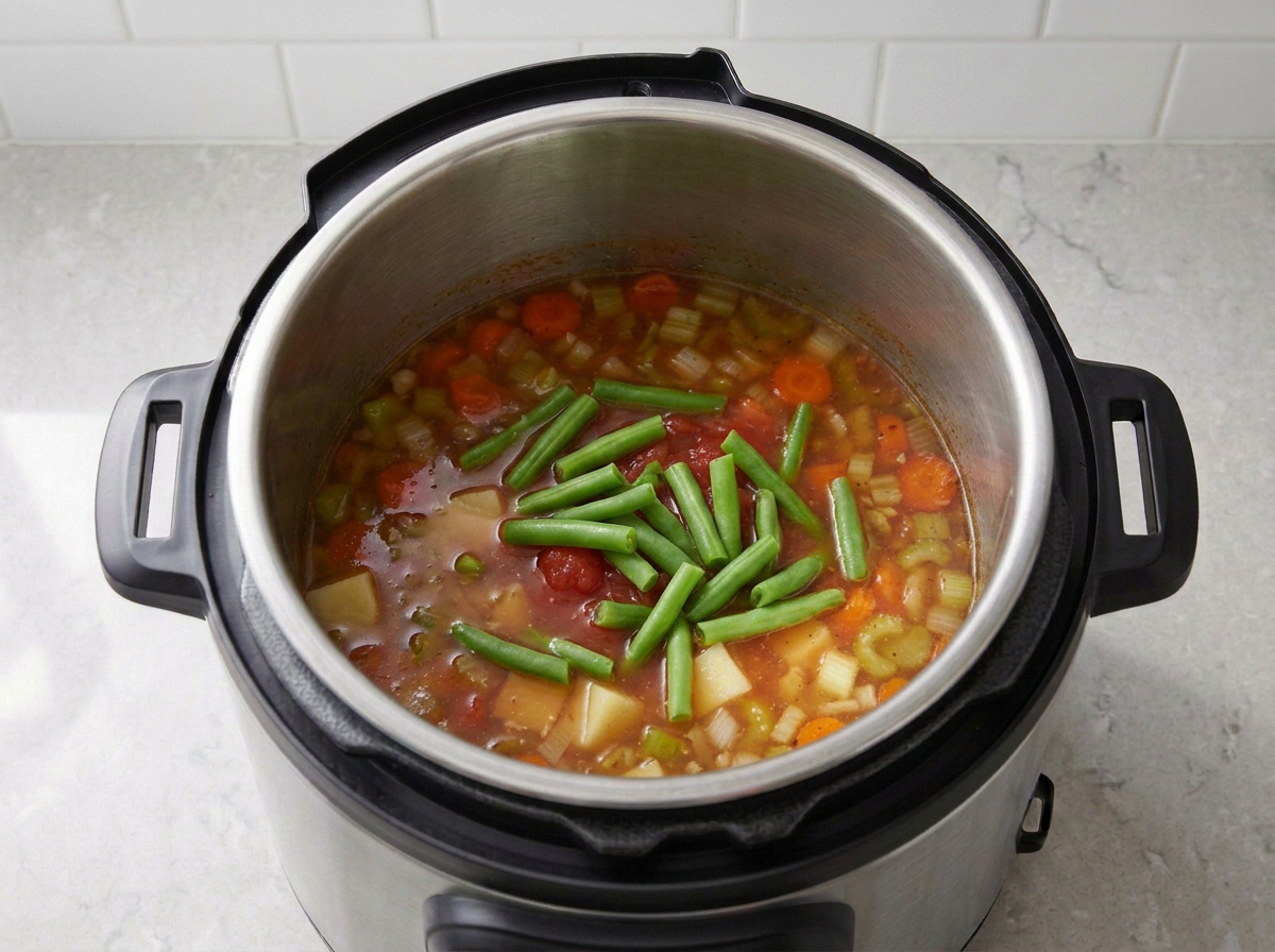 Cut green beans scattered over the finished red-orange soup, still bright green, cooking on Sauté