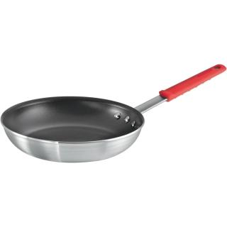 Aluminum frying pan with a black non-stick interior and a red silicone handle grip