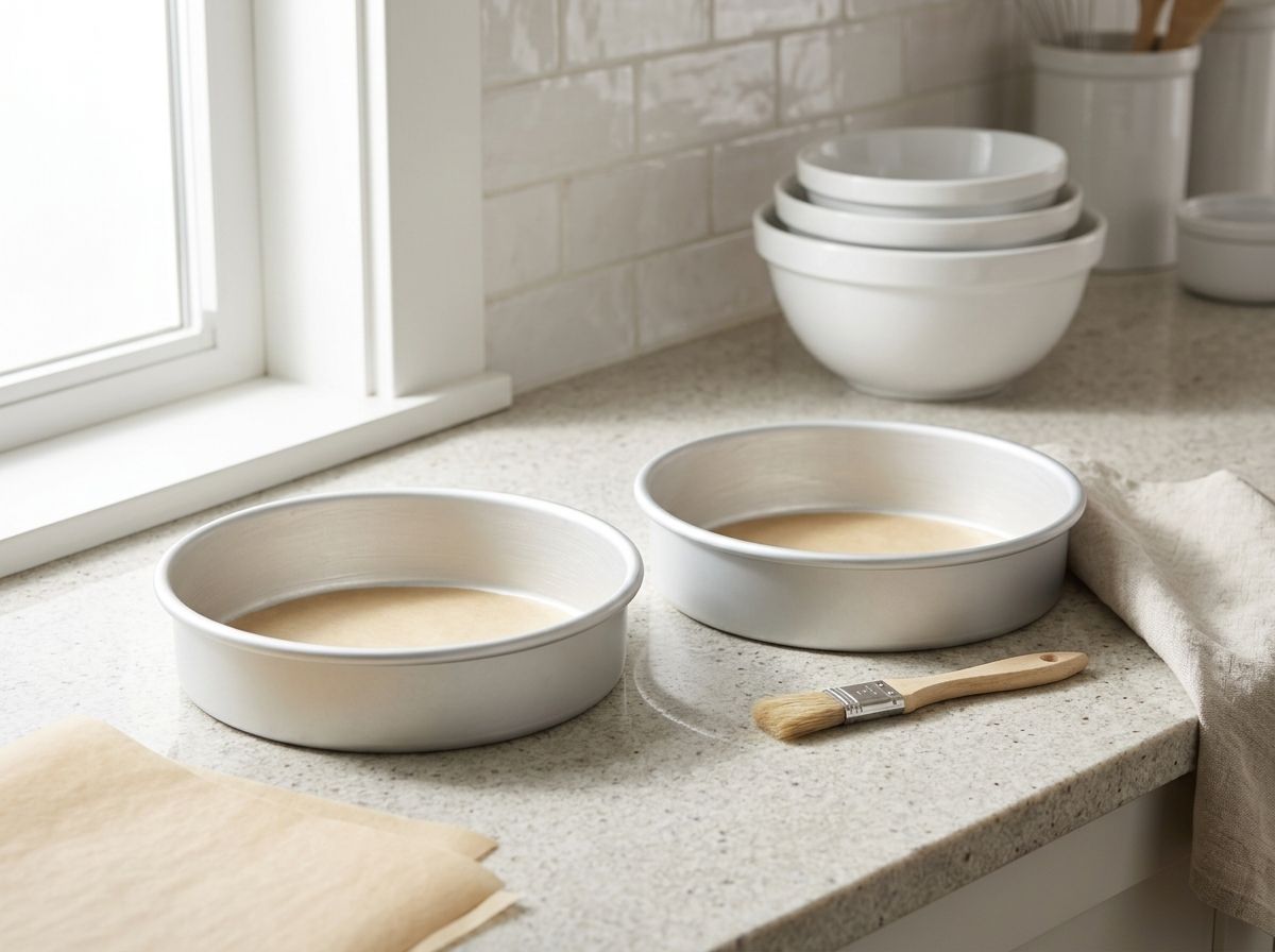 Two greased 8-inch round cake pans lined with parchment discs, ready for the batter