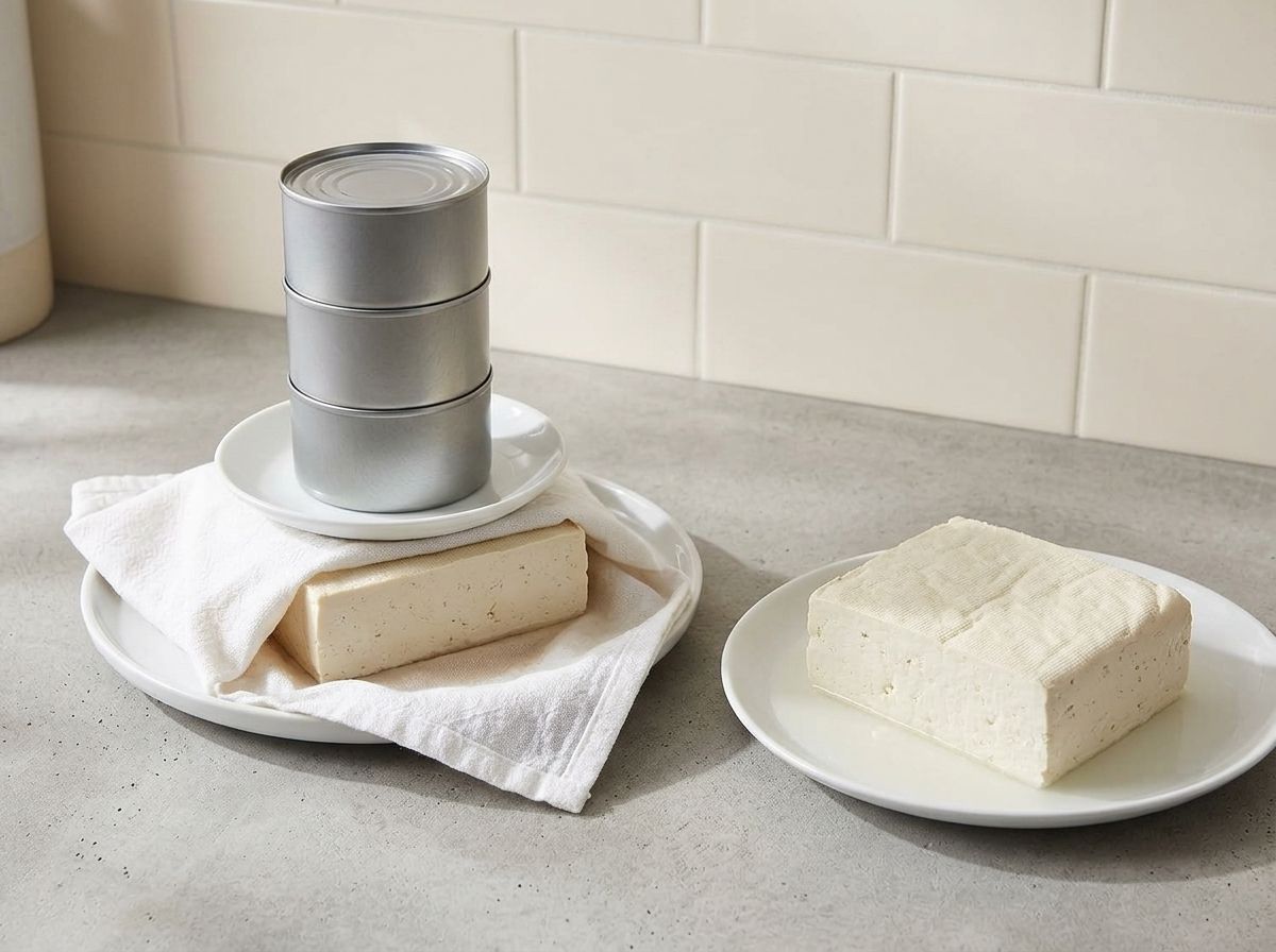 A block of tofu pressing under a weighted saucer beside an already pressed block draining on a plate